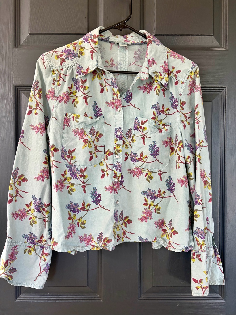 Sundance Ryleigh Pale Blue Floral Button-Down Shirt with Pink & Purple Blooms